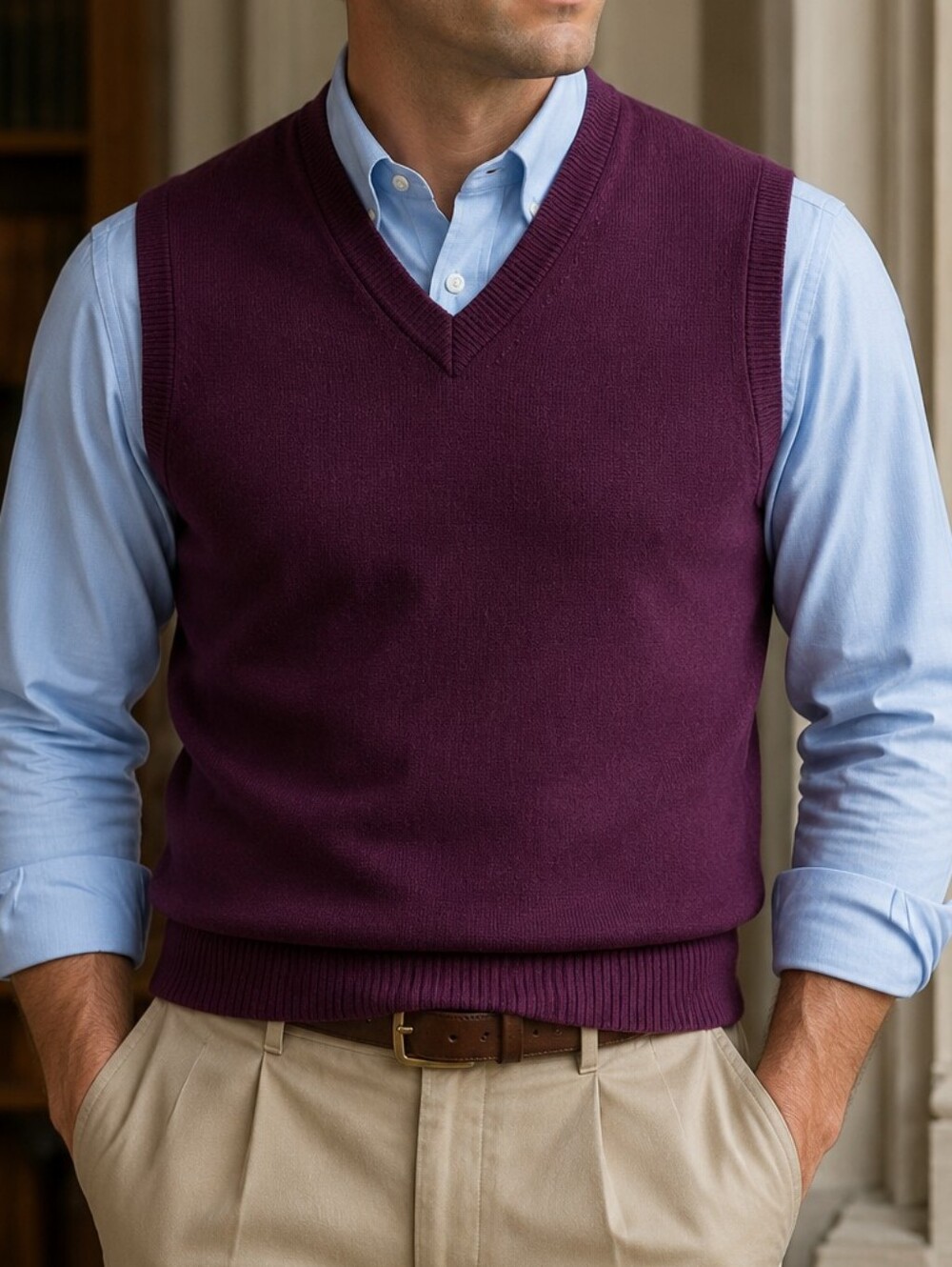 Vtg 90s J.Crew Wool Sweater Vest M Plum V-Neck Preppy Old Money Heritage Woods